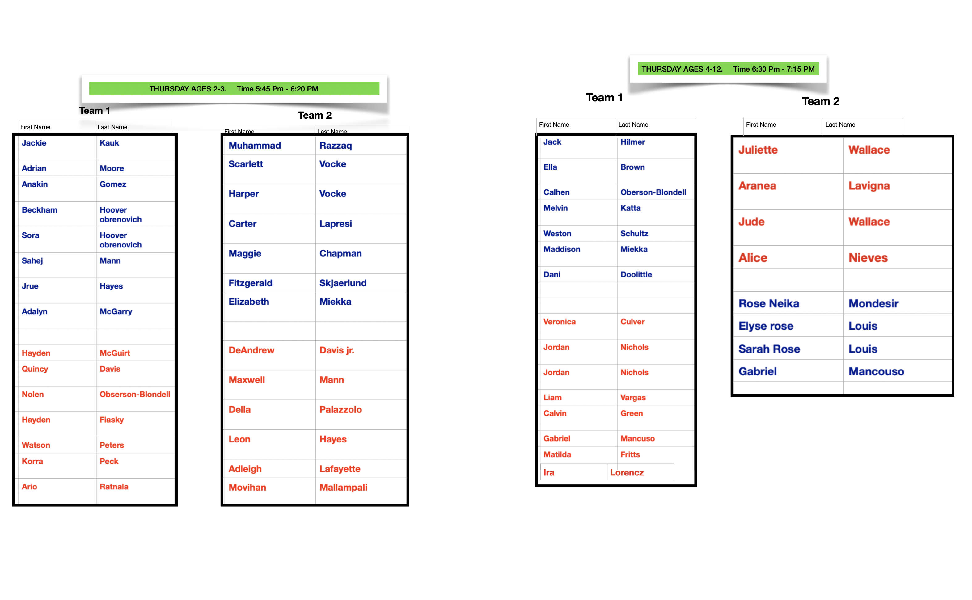 Spring Thursday Roster